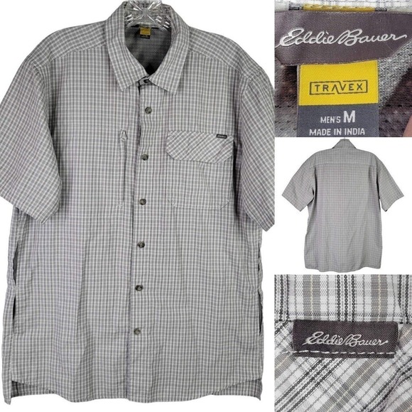 Eddie Bauer Travex Shirt Men's M Gray Plaid Short Sleeve Button Front Hiking - Picture 1 of 12